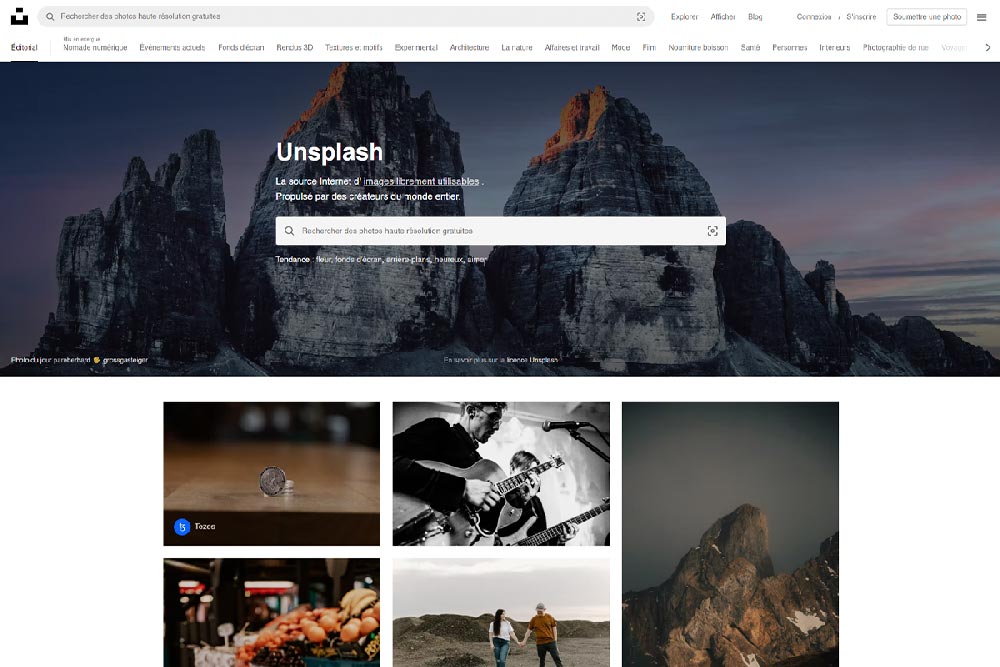 Capture d'écran d'accueil de la banque d'image libre de droit : Unsplash.com