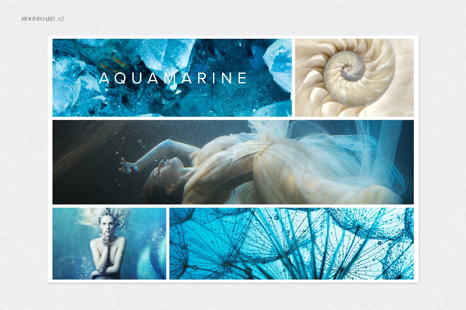 Un Moodboard minimaliste, moderne, féminin, mystérieux et sauvage. Sur le thème de l'aigue marine, univers doux et relaxant