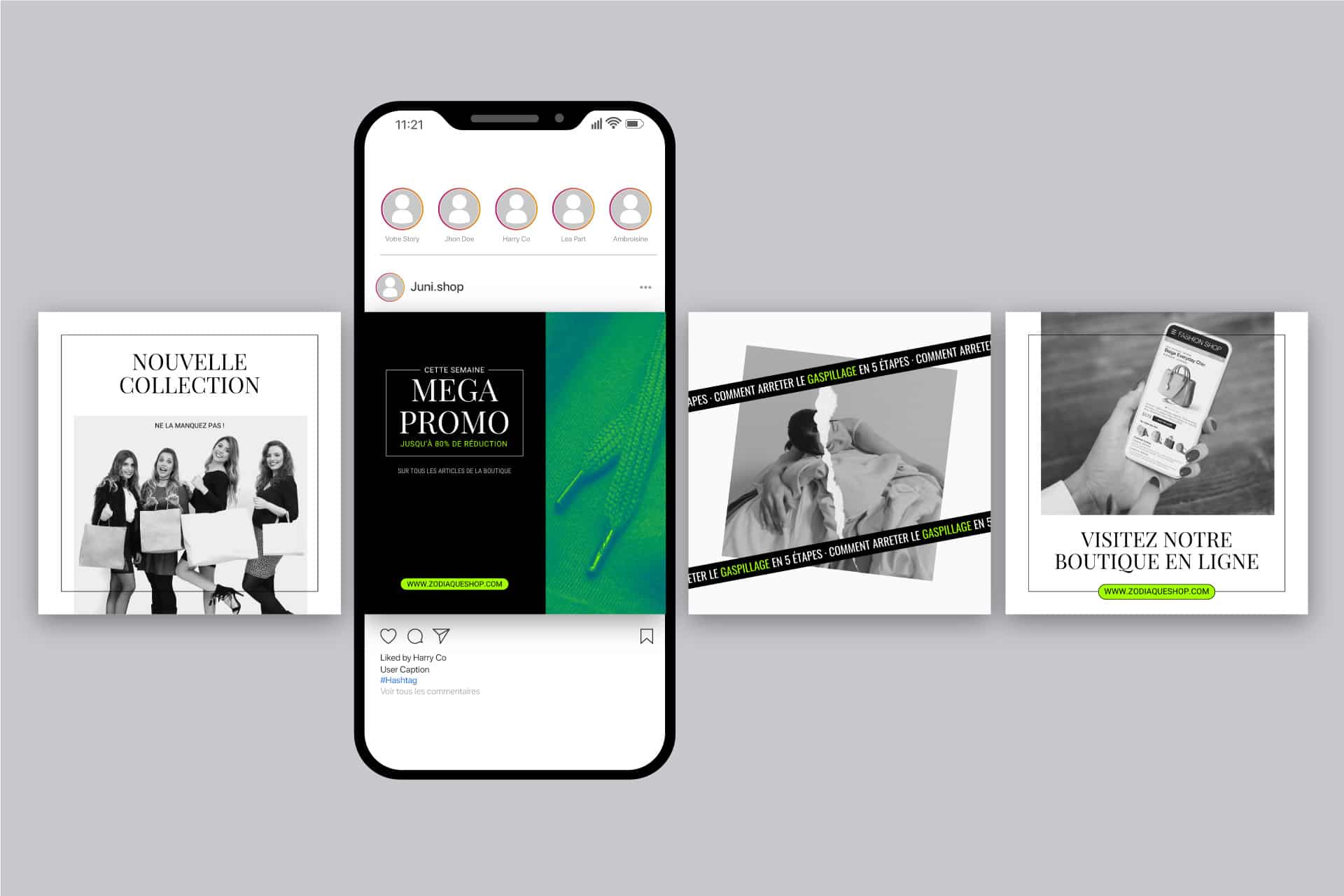 Template instagram réalisé par Lunenoire Studio pour la boutique en ligne JUNI
